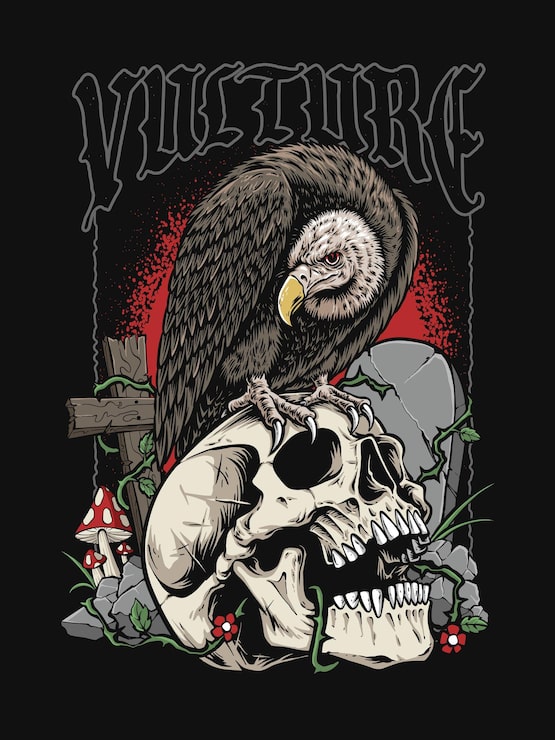 Vector gratuito diseño de camiseta de buitre con calavera en cementerio