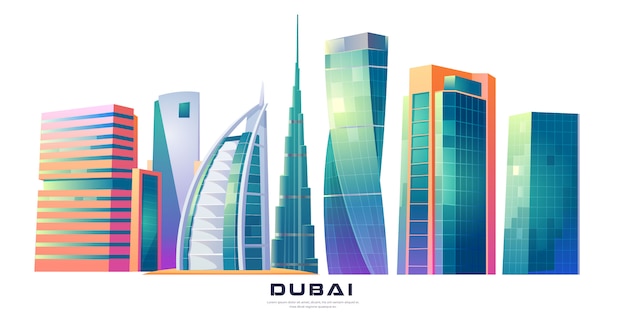 Vector gratuito dubai, eau horizonte con edificios de fama mundial