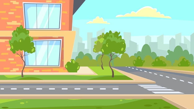 Vector gratuito edificio de la escuela cerca de la ilustración de la carretera