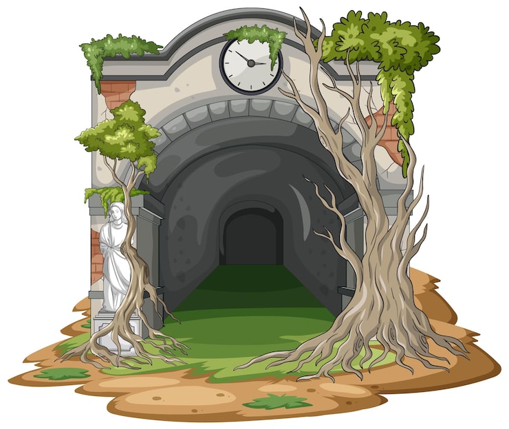 Vector gratuito entrada de túnel abandonado con árboles cubiertos de vegetación y estatua