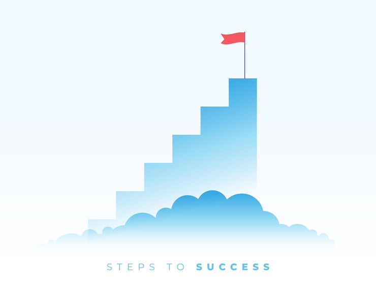 Vector gratuito escalera azul de progreso ascendente, concepto de meta empresarial con fondo de nubes