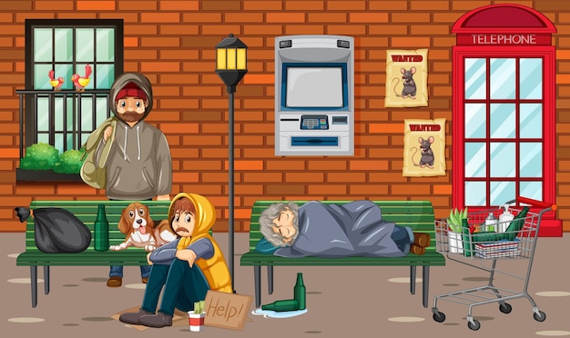 Vector gratuito escena al aire libre con personas sin hogar