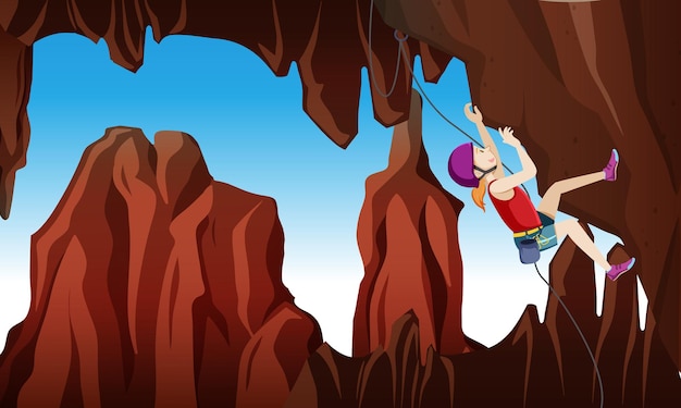 Vector gratuito escena de escalada en roca con mujer escalando