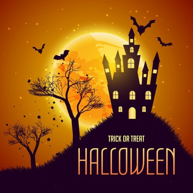 Vector gratuito escena de halloween con una casa encantada y murciélagos