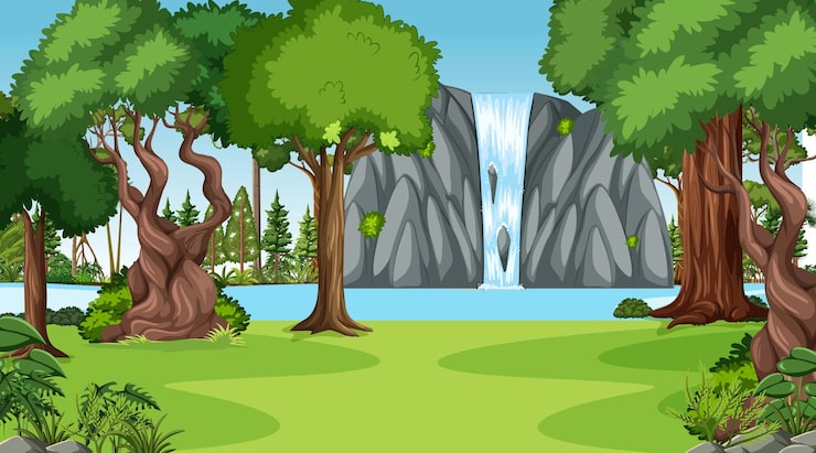 Vector gratuito escena de la naturaleza con cascada en el paisaje forestal.