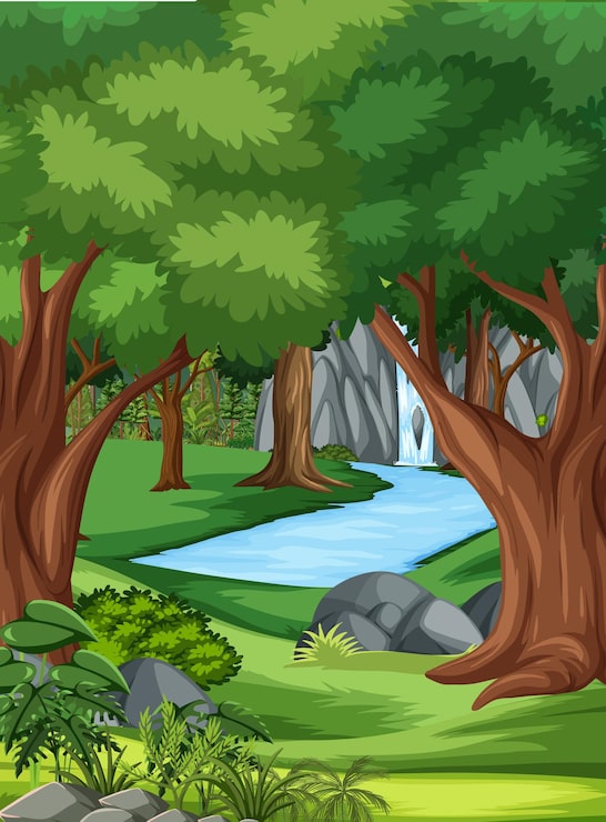 Vector gratuito escena de la selva con muchos árboles y cascadas