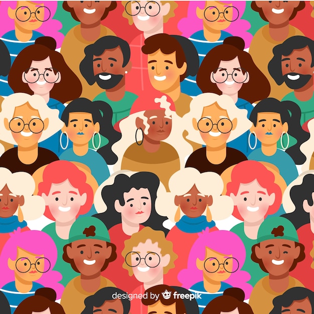 Vector gratuito estampado de gente joven sonriendo en diseño plano