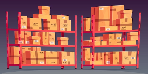 Vector gratuito estantes de estilo de dibujos animados con cajas