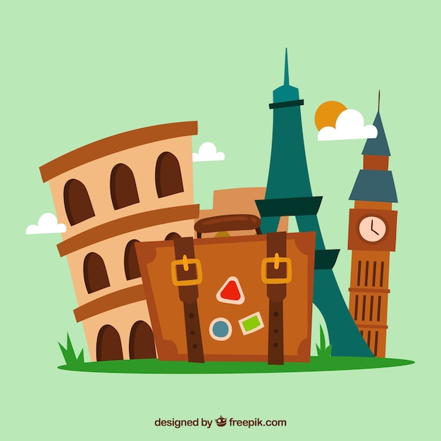 Vector gratuito fondo de maleta con monumentos  en estilo hecho a mano