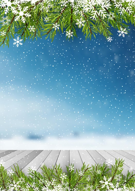 Vector gratuito fondo navideño con mesa de madera mirando hacia un paisaje desenfocado