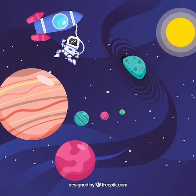 Vector gratuito fondo de planetas con sol y cohete
