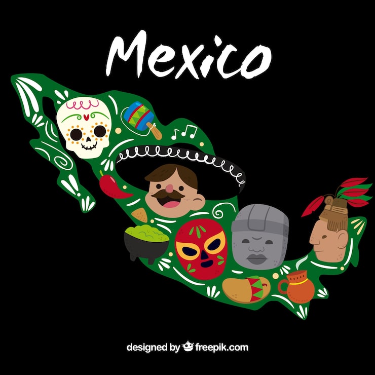 Vector gratuito fondo plano de mapa mexicano con elementos