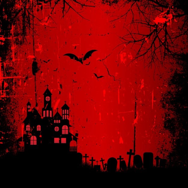 Vector gratuito fondo rojo con una casa embrujada para halloween
