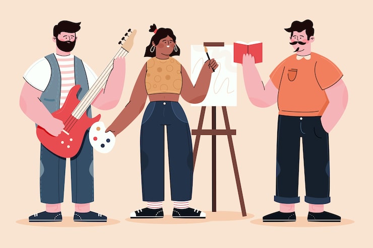 Vector gratuito gente moderna haciendo actividades culturales.