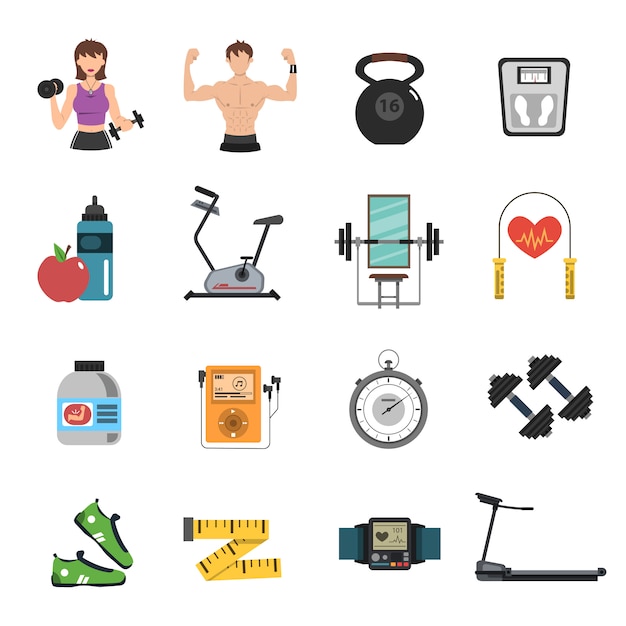Vector gratuito gimnasio icon flat set
