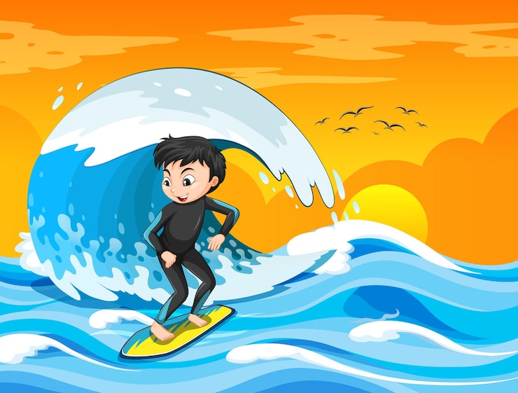Vector gratuito gran ola en la escena del océano con un niño parado sobre una tabla de surf