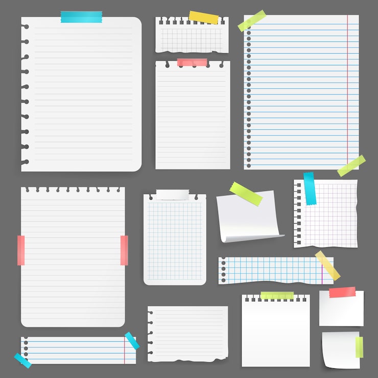 Vector gratuito hojas de papel en blanco realistas de diferentes tamaños y formas pegadas con cinta de colores sobre fondo gris ilustración vectorial aislada