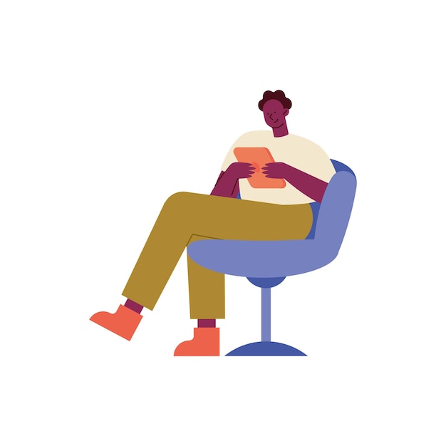Vector gratuito hombre afro usando tableta