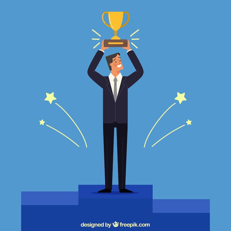 Vector gratuito hombre de negocios sonriente con un trofeo