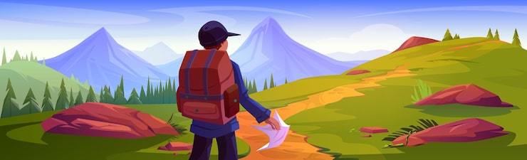 Vector gratuito el hombre viaja y explora el vector de aventura de montaña.