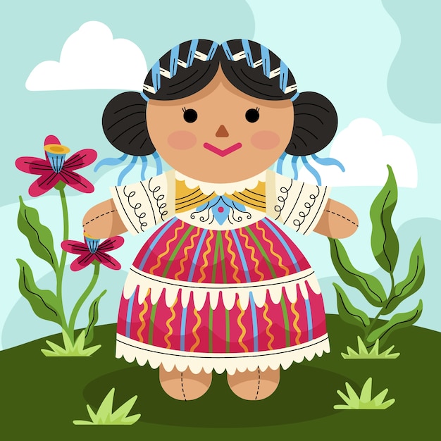 Vector gratuito ilustración de muñeca mexicana dibujada a mano