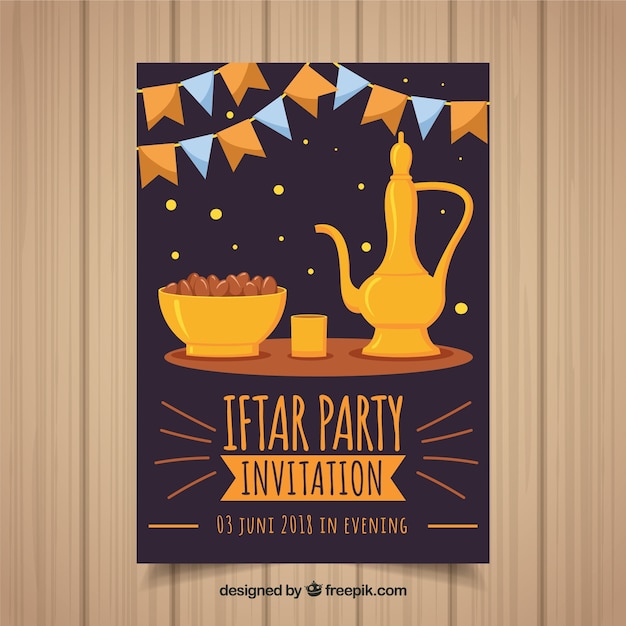 Vector gratuito invitación de iftar con comida y té en estilo plano