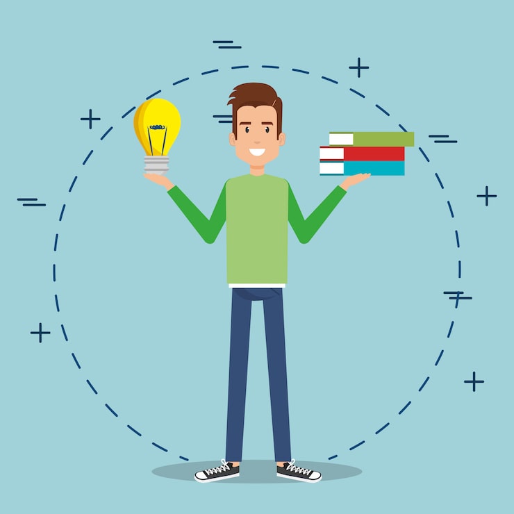 Vector gratuito joven con libros y bombilla