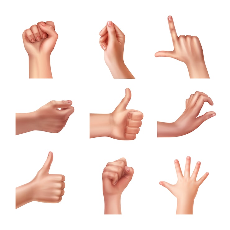 Vector gratuito juego de manos en diferentes gestos, emociones y signos.