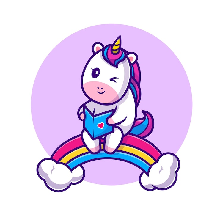 Vector gratuito libro de lectura lindo del unicornio en la ilustración del icono de la historieta del arco iris.