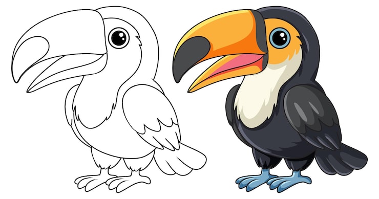 Vector gratuito linda ilustración vectorial de pájaro tucán en estilo a color y contorno