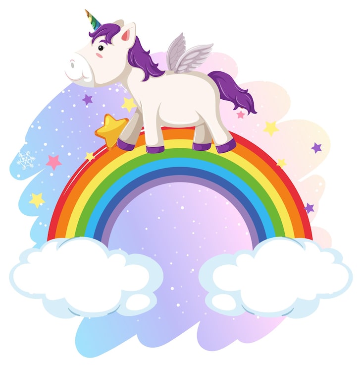 Vector gratuito el lindo pegaso en el cielo pastel con arco iris