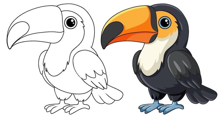 Vector gratuito lindo personaje de tucán toco de dibujos animados en estilo a color y arte lineal