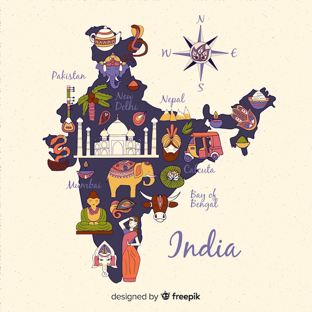 Vector gratuito mapa dibujado a mano de la india