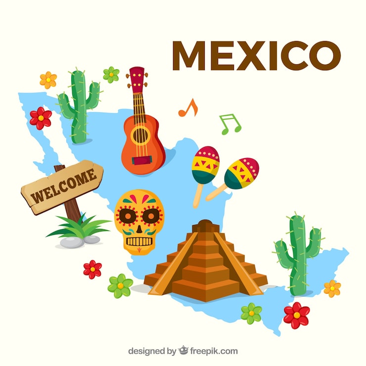 Vector gratuito mapa mexicano con elementos culturales