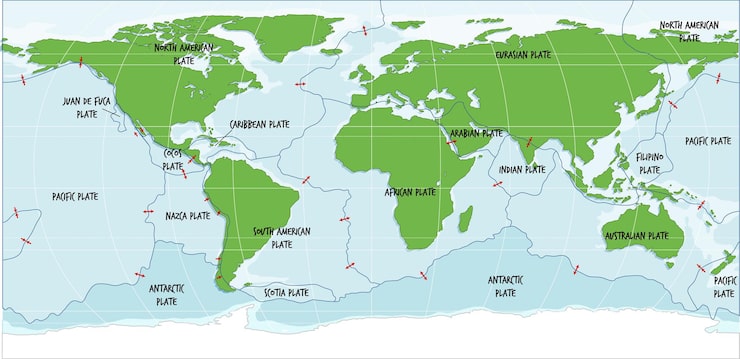 Vector gratuito mapa mundial que muestra los límites de las placas tectónicas