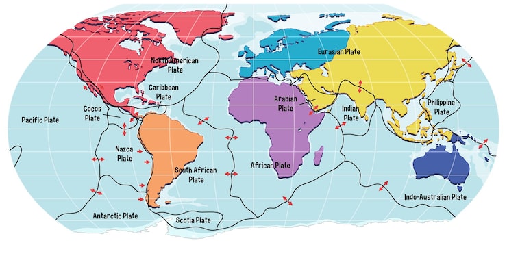 Vector gratuito mapa mundial que muestra los límites de las placas tectónicas