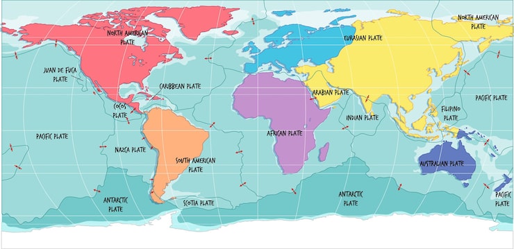 Vector gratuito mapa mundial que muestra los límites de las placas tectónicas