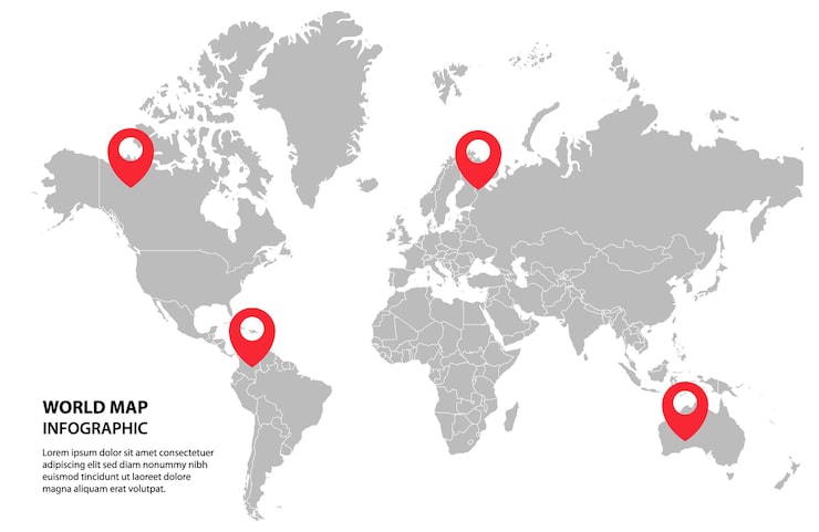 Vector gratuito mapa del mundo en escala de gris aislado en fondo blanco para la ubicación del destino de viaje del sitio web, etc.
