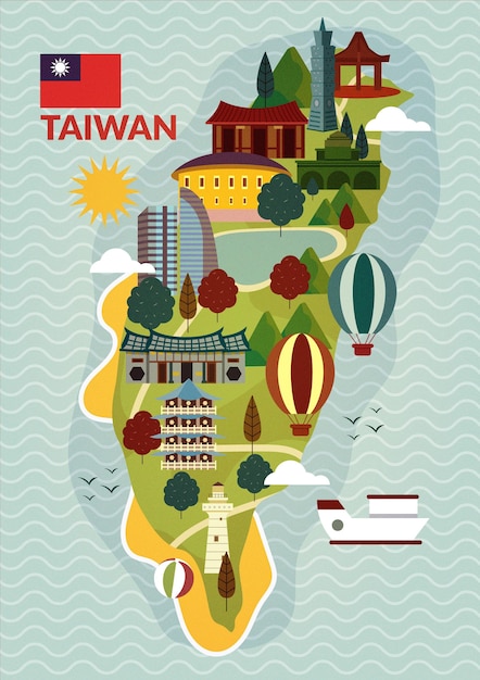 Vector gratuito mapa de taiwán con hitos