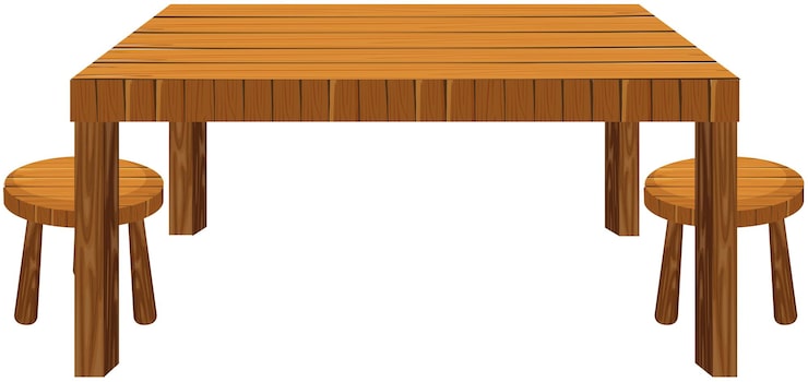 Vector gratuito mesa de madera y taburetes sobre fondo blanco.