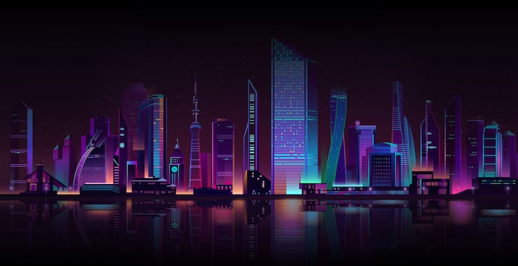Vector gratuito metrópolis noche fondo neón dibujos animados