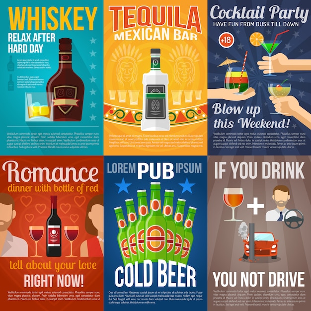 Vector gratuito mini conjunto de pósters de alcohol