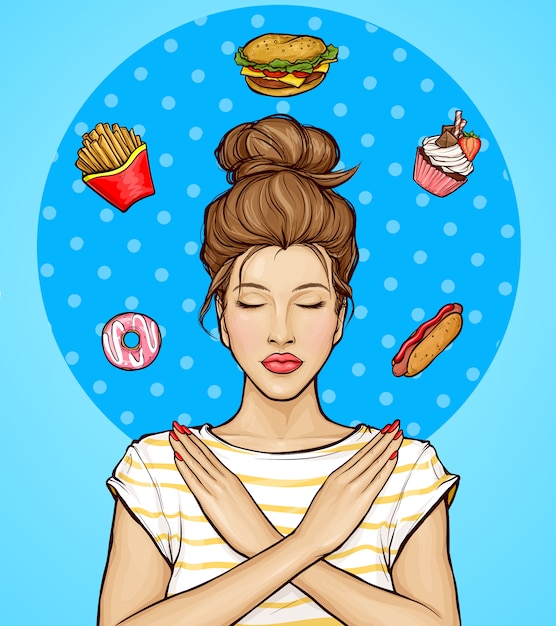 Vector gratuito mujer que se niega a comer comida rápida y dulces