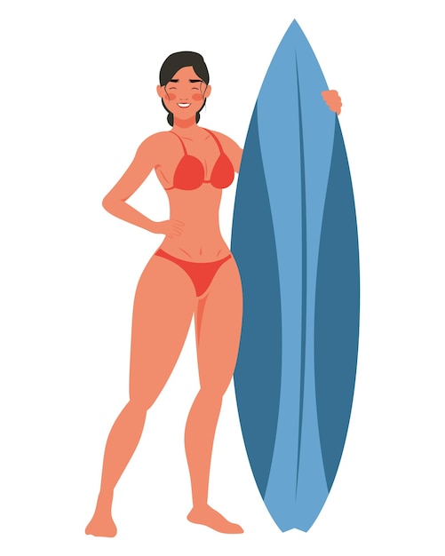 Vector gratuito mujer con tabla de surf azul