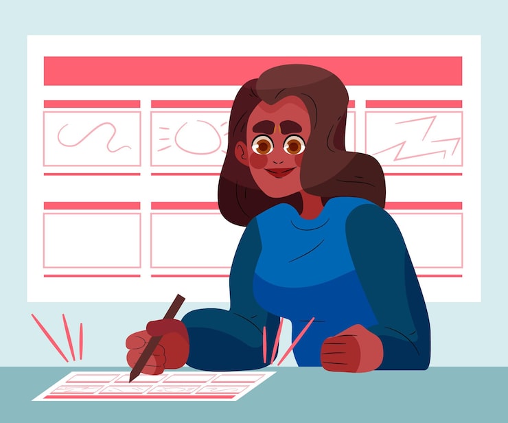 Vector gratuito mujer trabajando en un guión gráfico