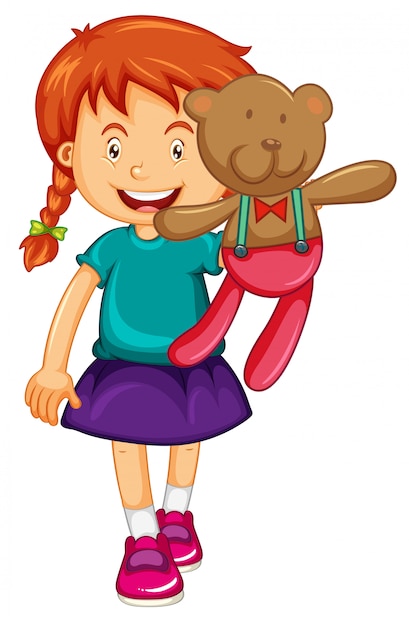 Vector gratuito niña con oso de peluche marrón