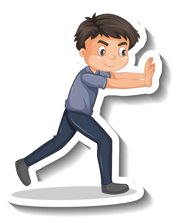Vector gratuito niño empujando algo personaje de dibujos animados