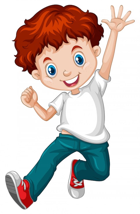 Vector gratuito niño feliz con el cabello rojo vistiendo vaqueros azules