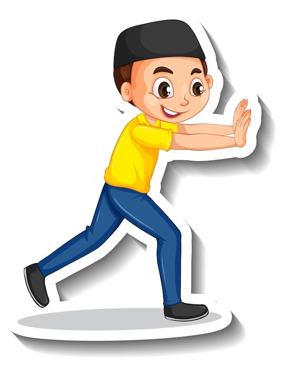 Vector gratuito un niño musulmán empujando pose personaje de dibujos animados