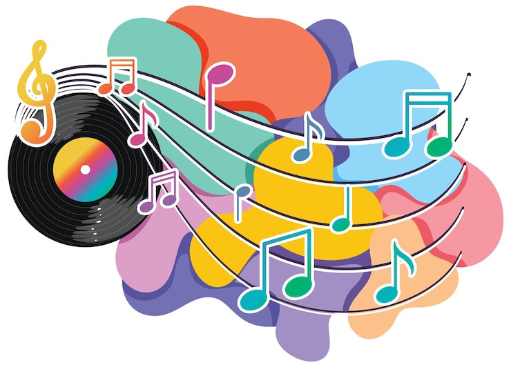 Vector gratuito notas musicales arco iris colorido con disco de vinilo en fondo blanco